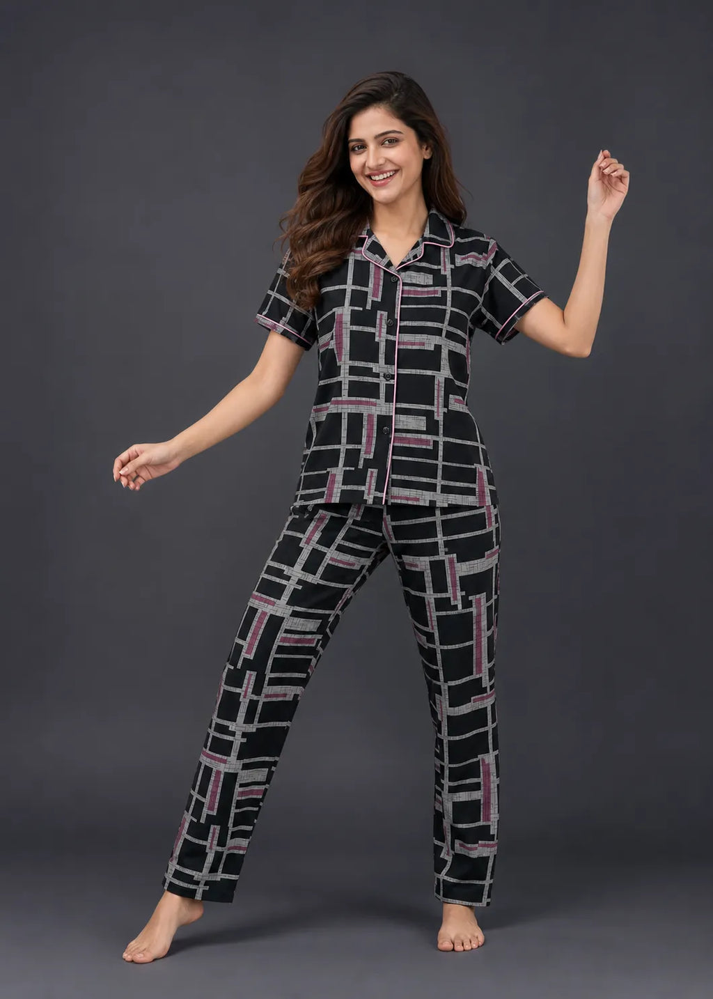Black Geometric Grid Pajama Set