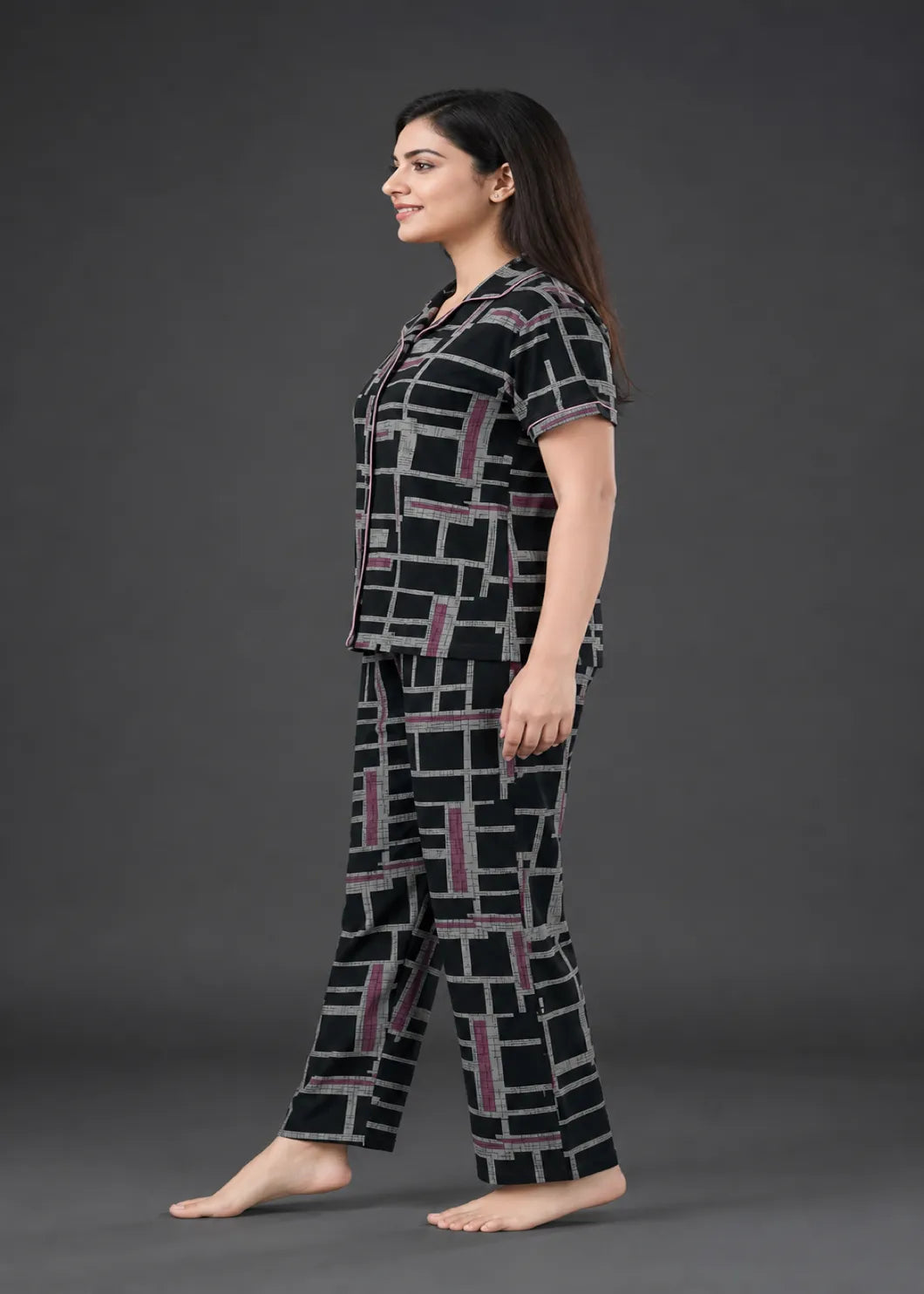 Black Geometric Grid Pajama Set