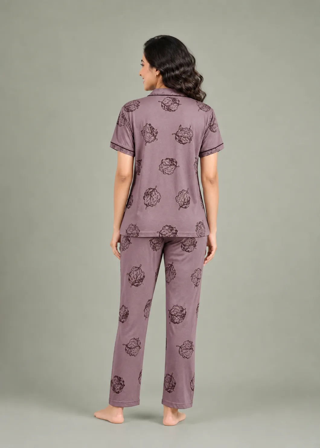 Mauve Leaf Print Pajama Set