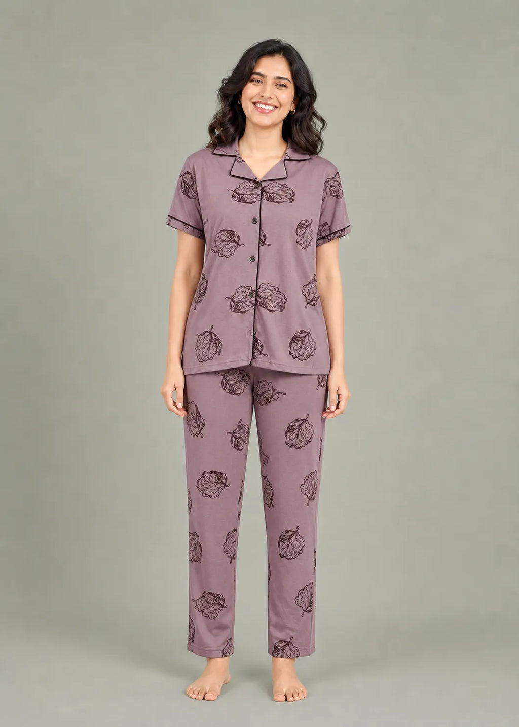 Mauve Leaf Print Pajama Set