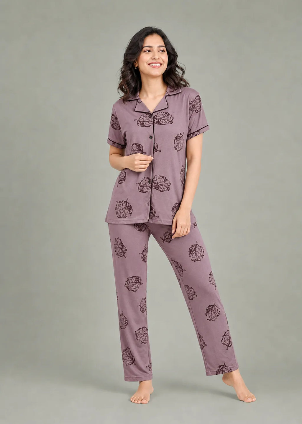 Mauve Leaf Print Pajama Set