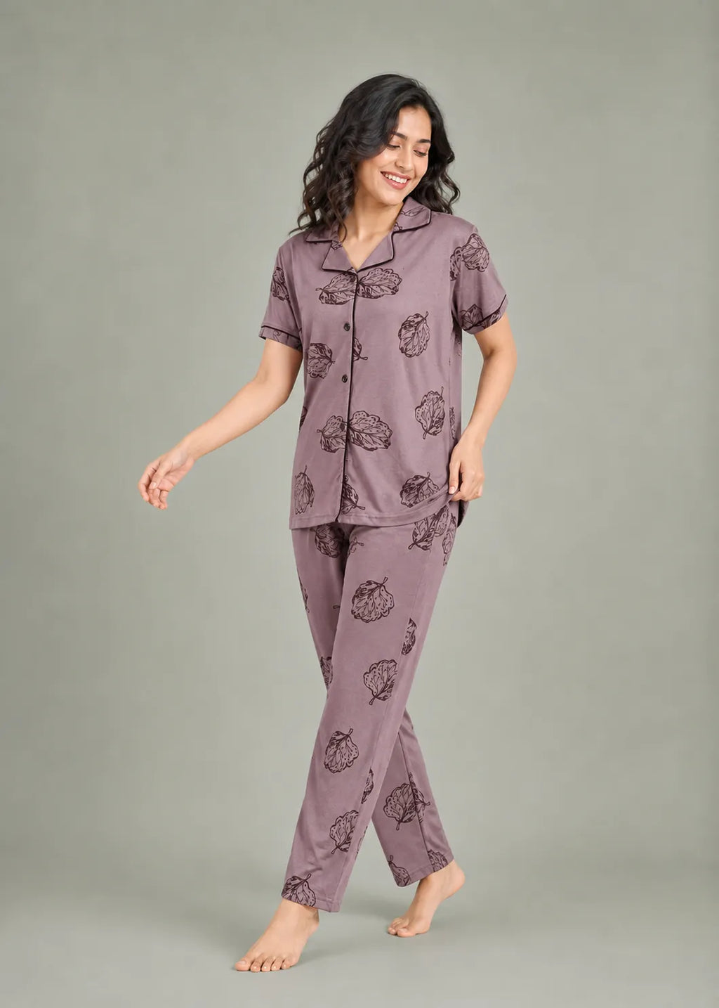 Mauve Leaf Print Pajama Set