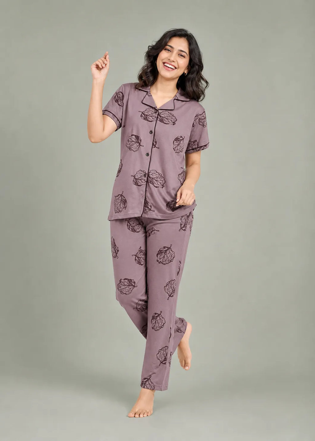 Mauve Leaf Print Pajama Set
