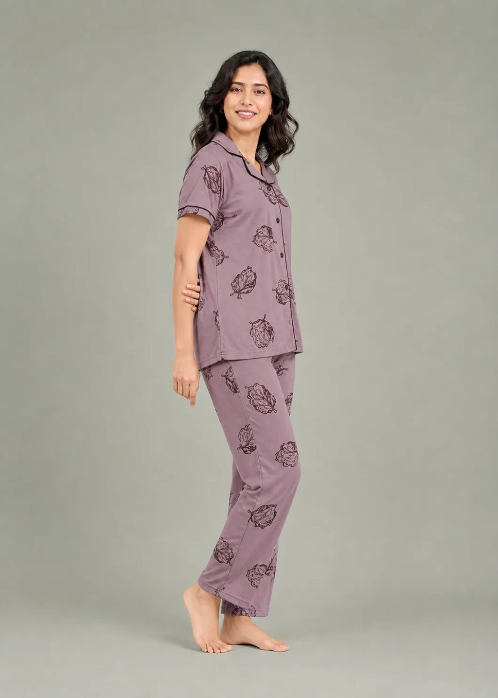 Mauve Leaf Print Pajama Set