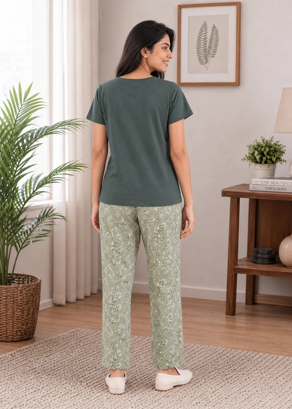 Olive Green Floral Print Nightsuit Set
