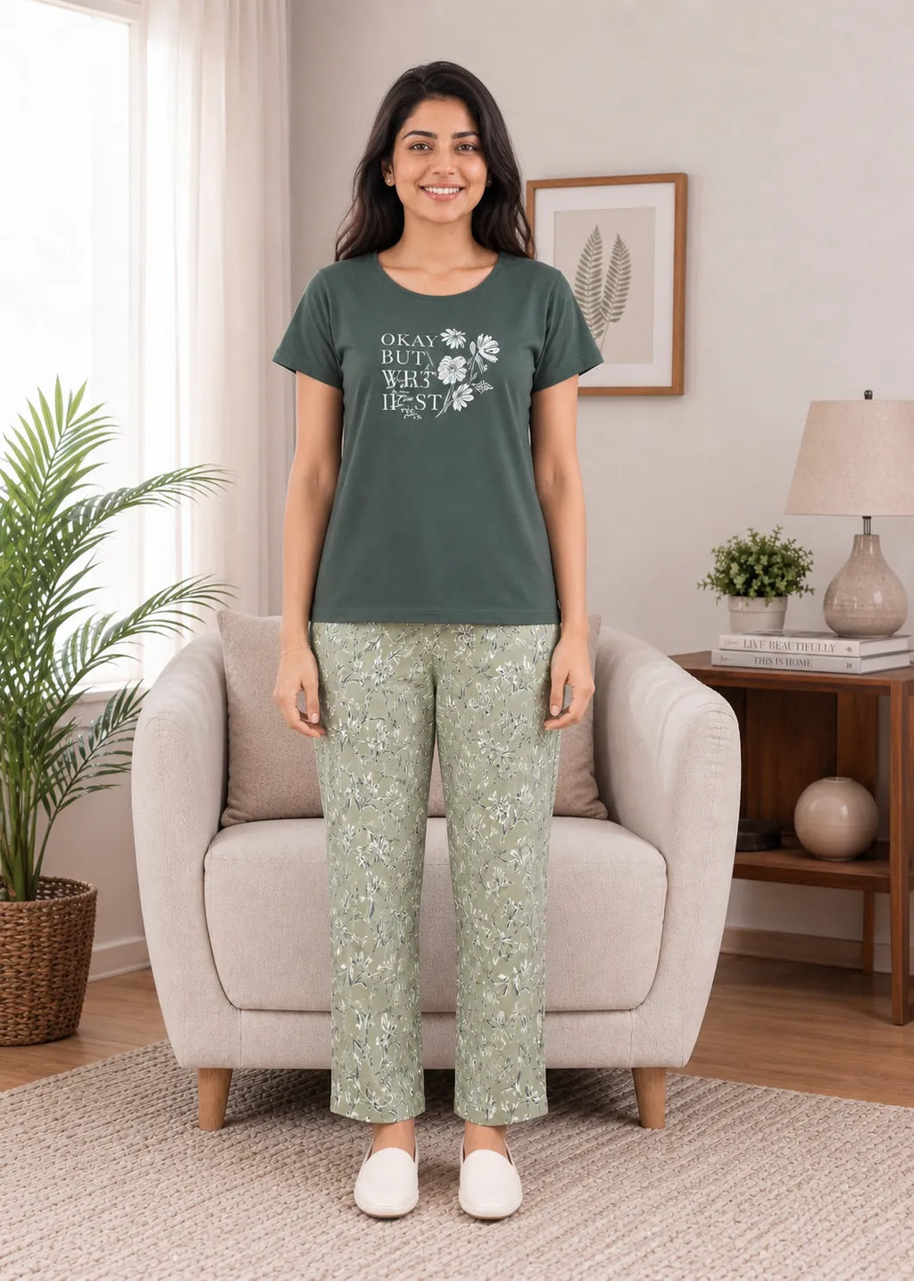 Olive Green Floral Print Nightsuit Set