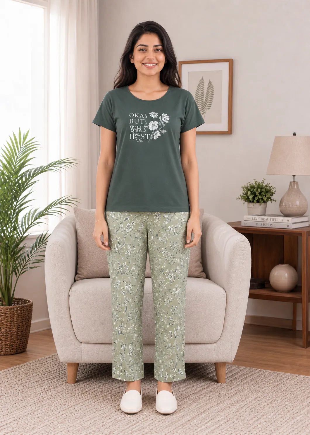 Olive Green Floral Print Nightsuit Set