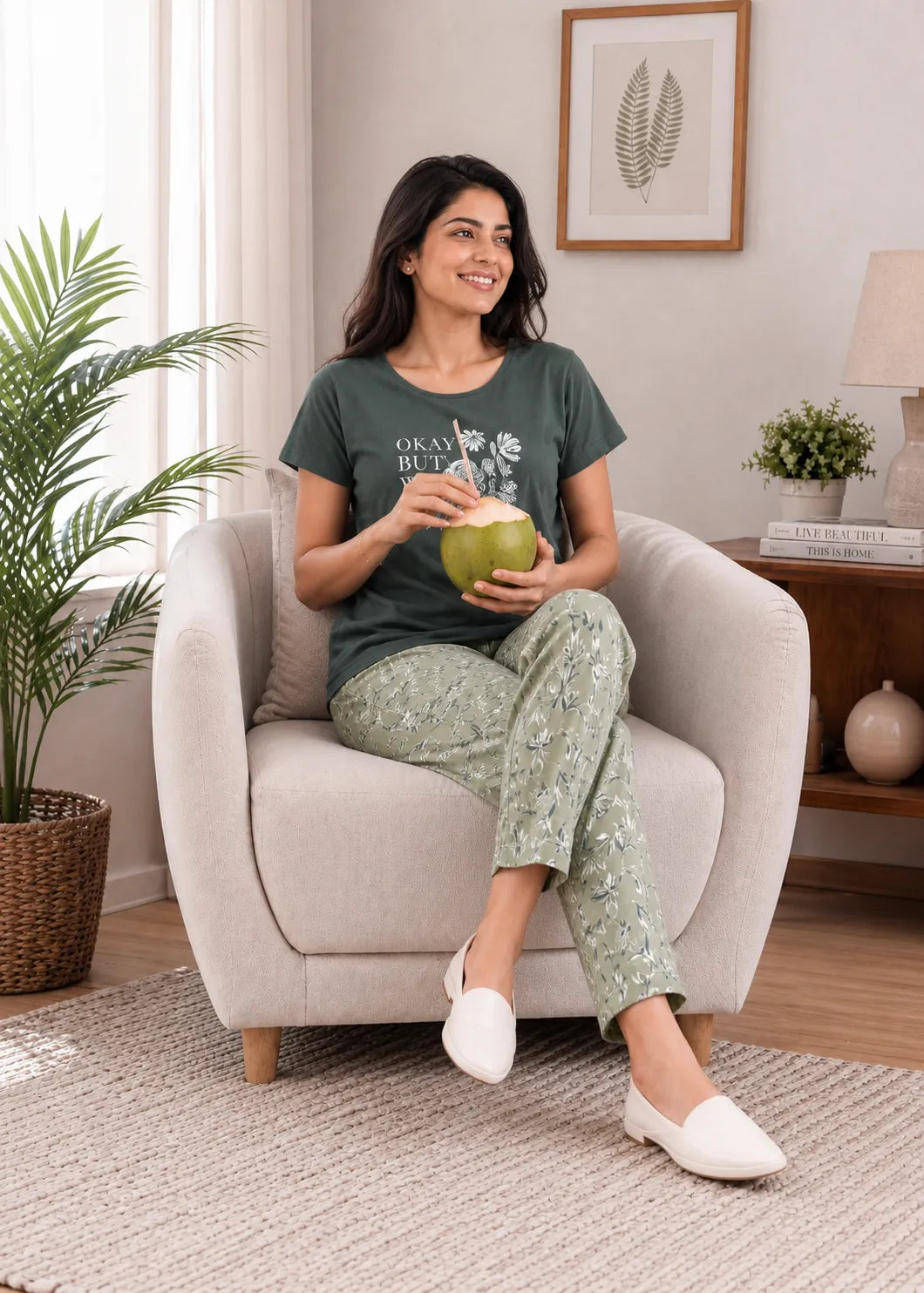 Olive Green Floral Print Nightsuit Set