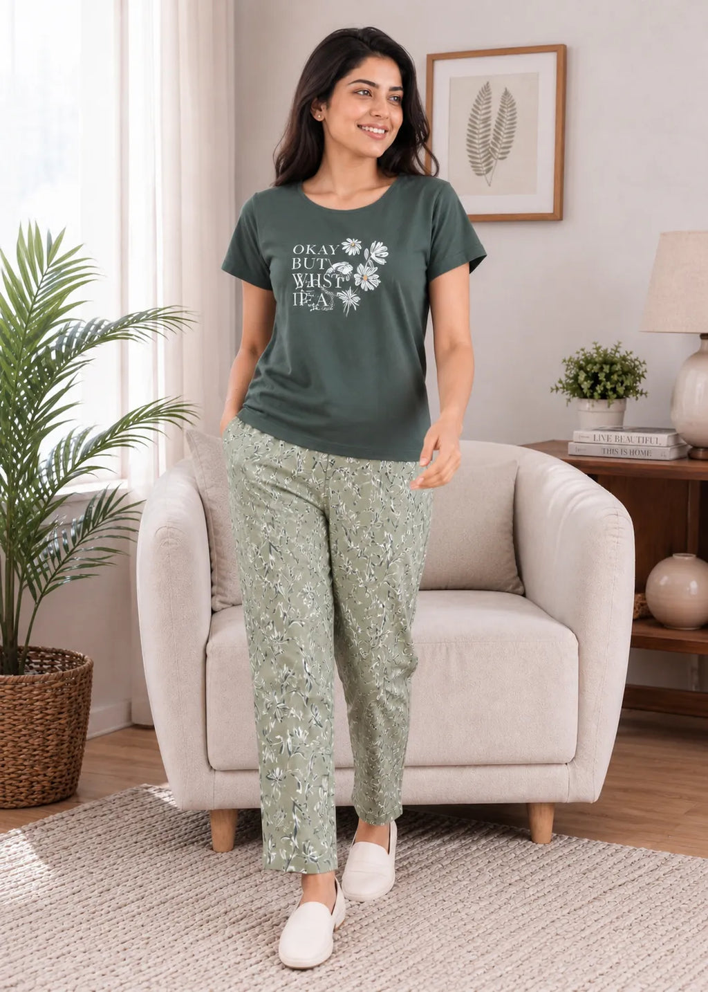 Olive Green Floral Print Nightsuit Set