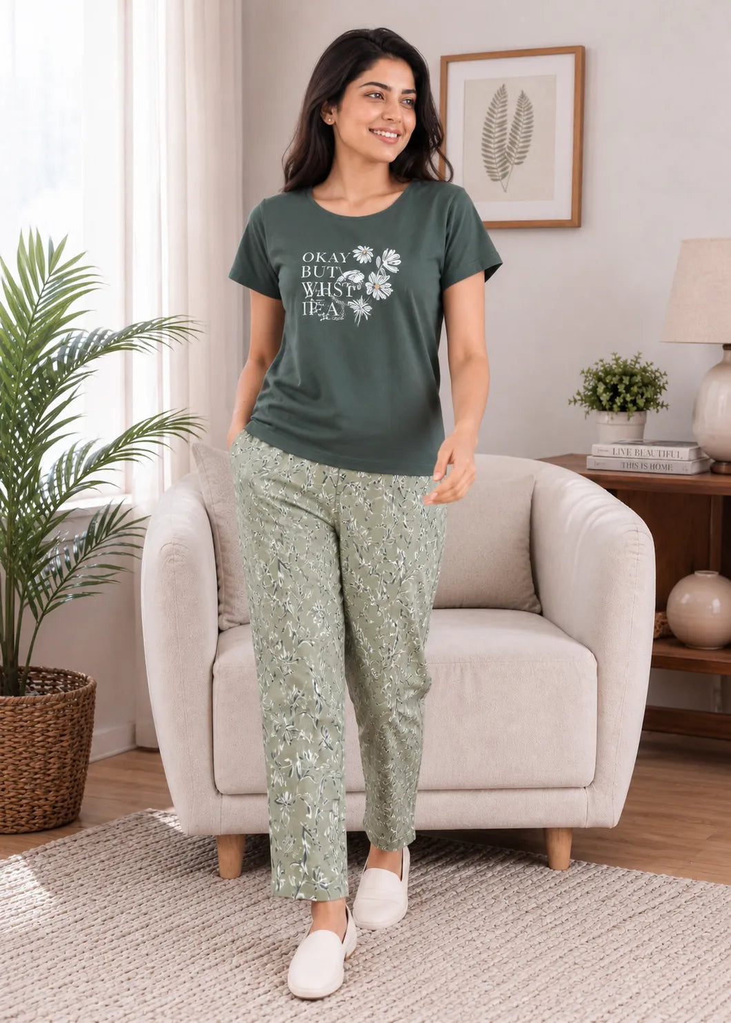 Olive Green Floral Print Nightsuit Set