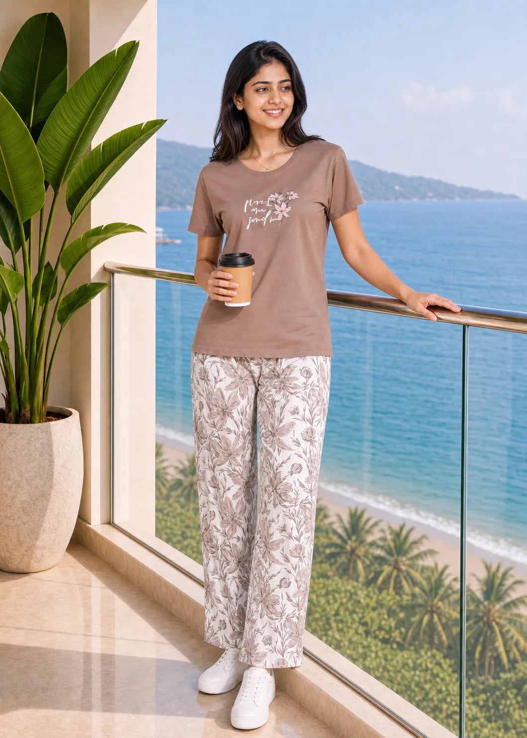 Mocha Floral Print Nightsuit Set