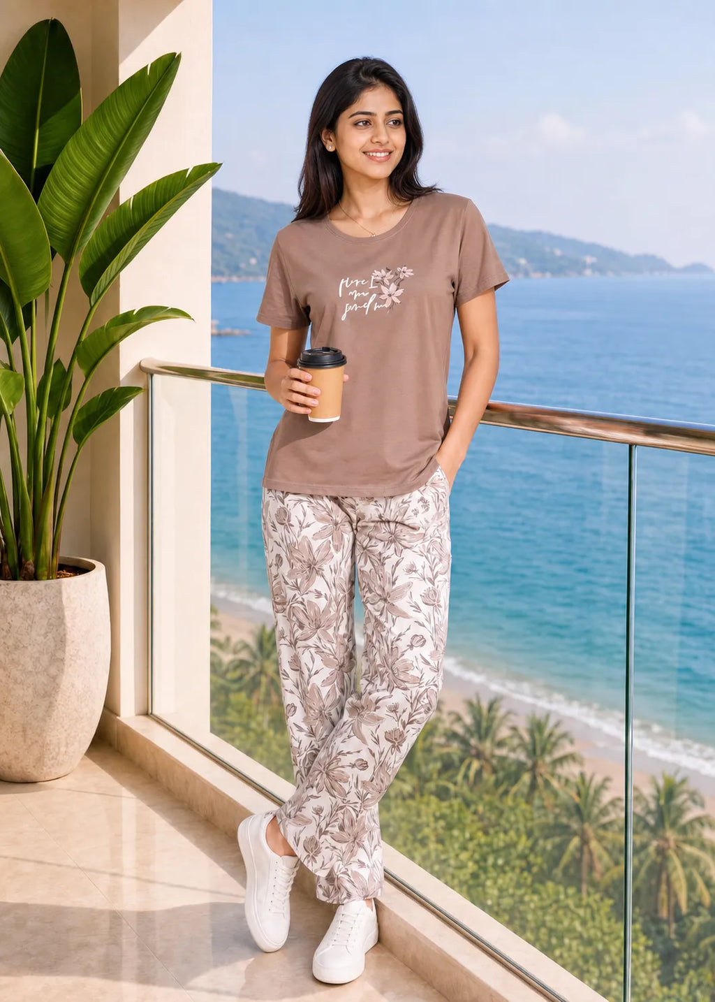 Mocha Floral Print Nightsuit Set