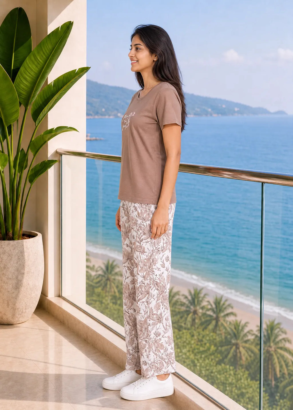 Mocha Floral Print Nightsuit Set