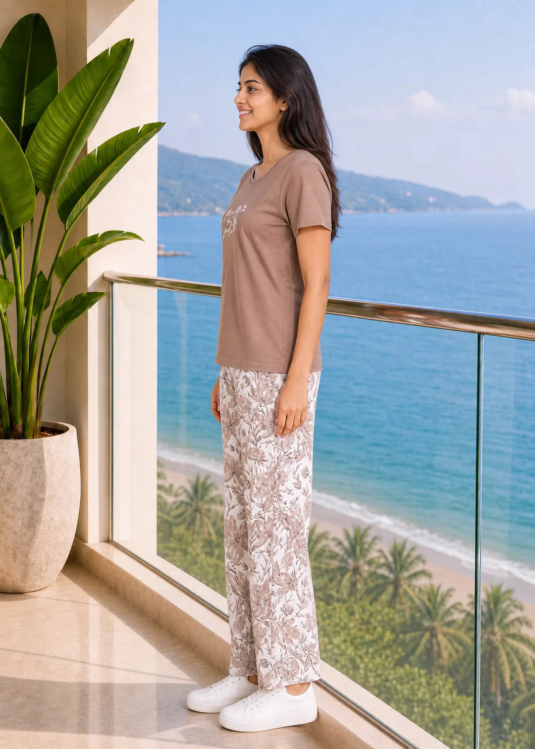 Mocha Floral Print Nightsuit Set