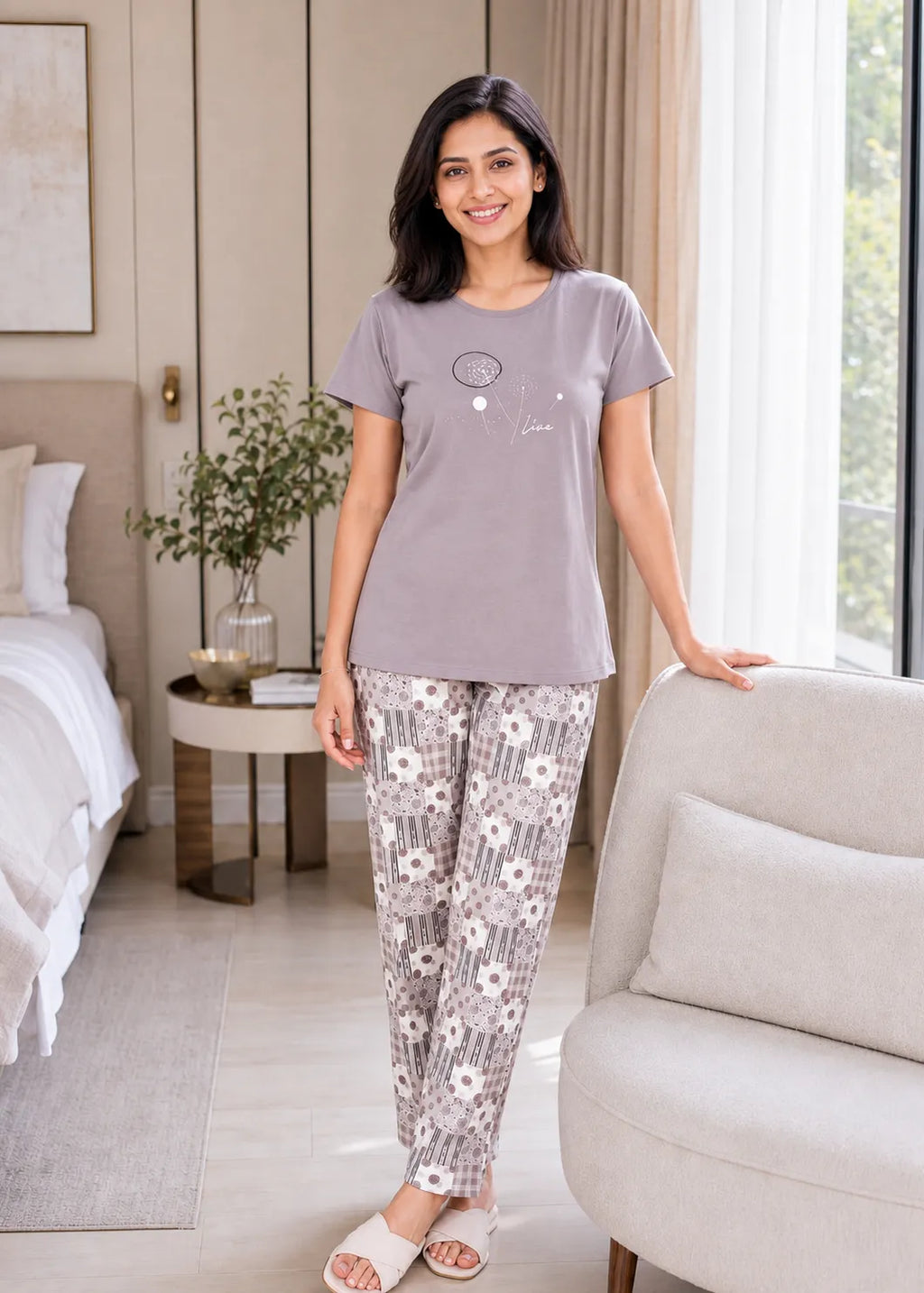 Taupe Geometric Floral Patchwork Nightsuit Set