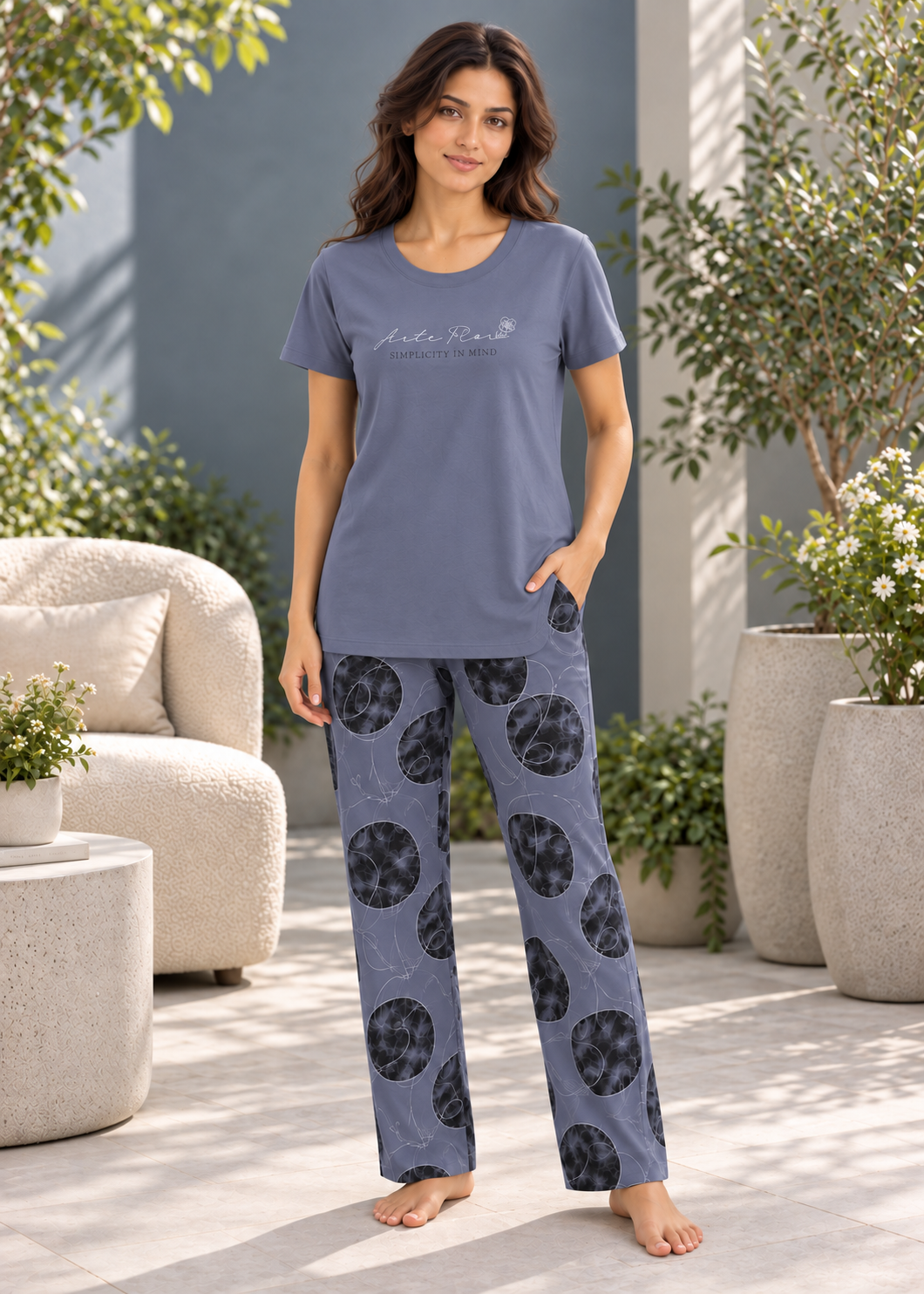 Grey Geometric Circle Graphic Nightsuit Set