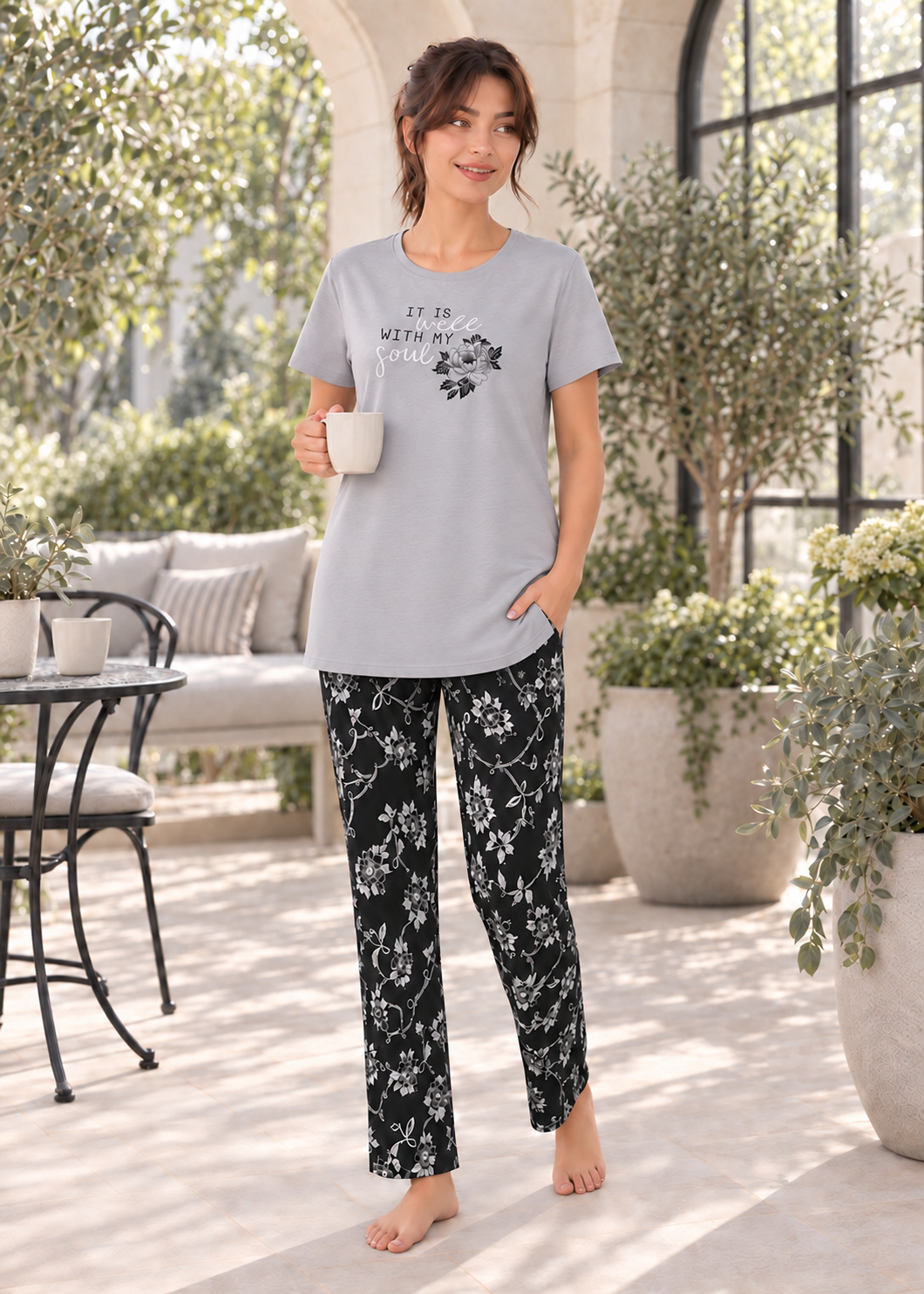 Grey Floral Soul Nightsuit Set