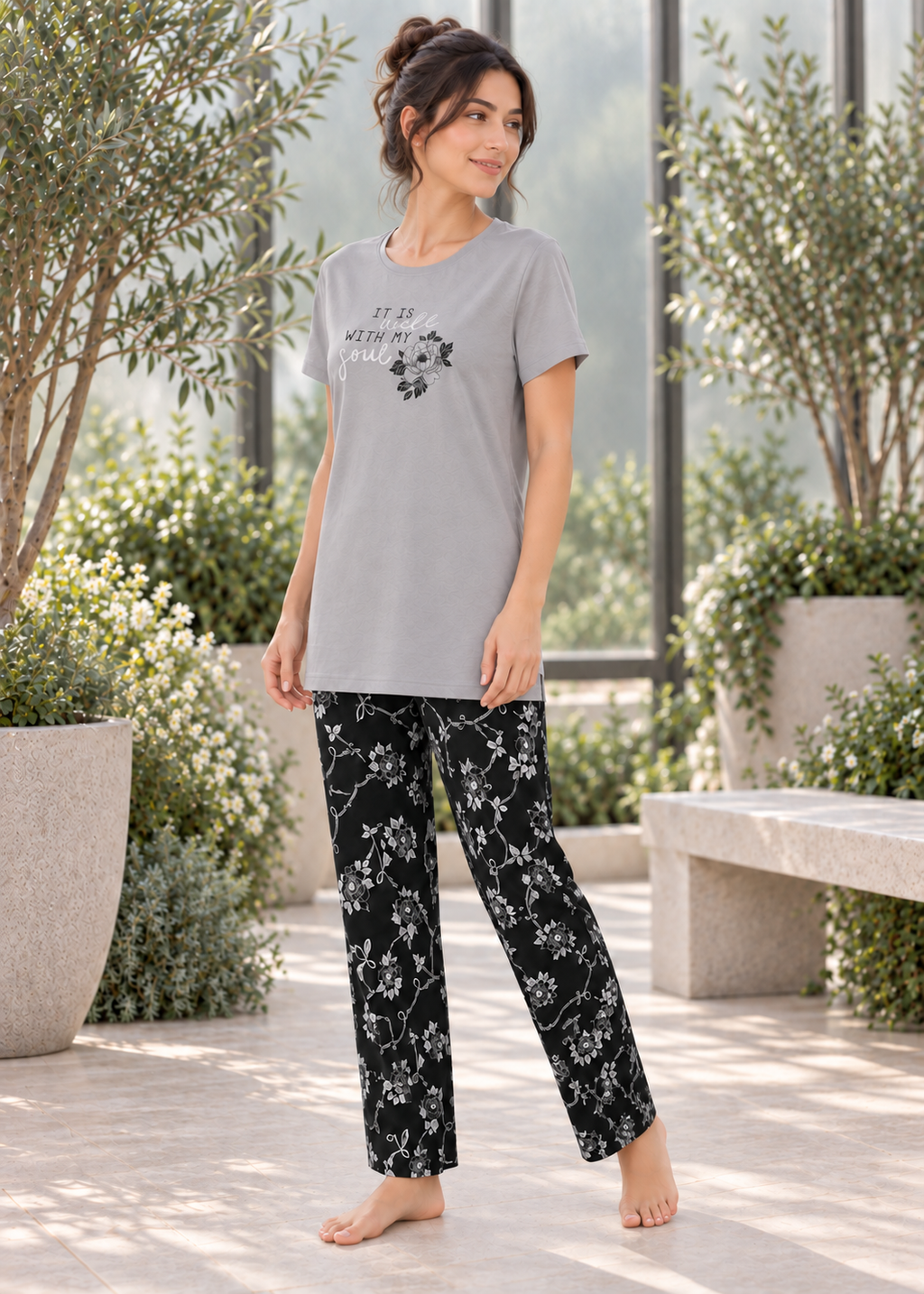 Grey Floral Soul Nightsuit Set