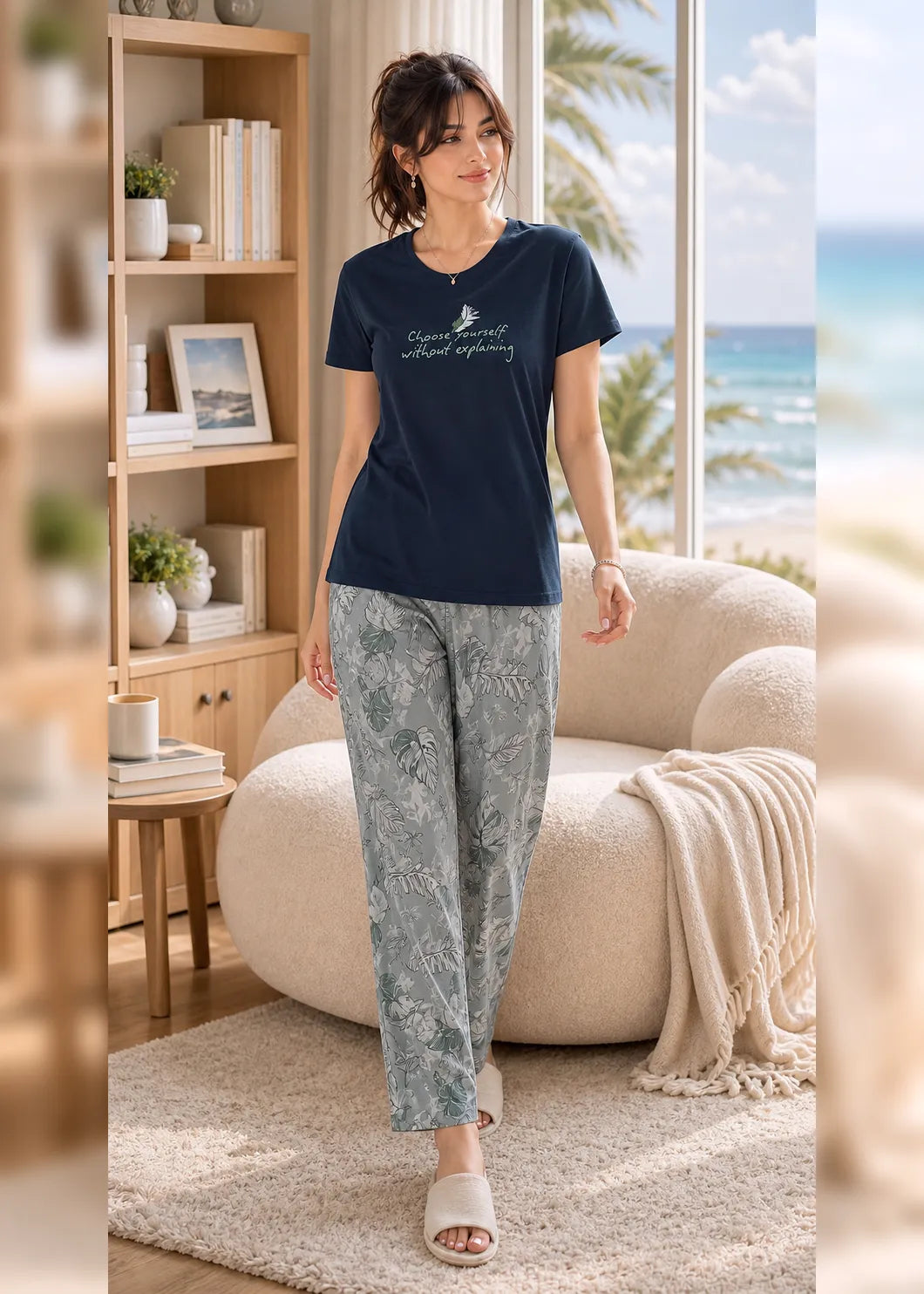 A woman modeling a two-piece pajama set in a cozy, sunlit living room with a beach view. The set features a navy blue short-sleeve t-shirt with a white graphic print and matching light blue-gray patterned pajama pants.
