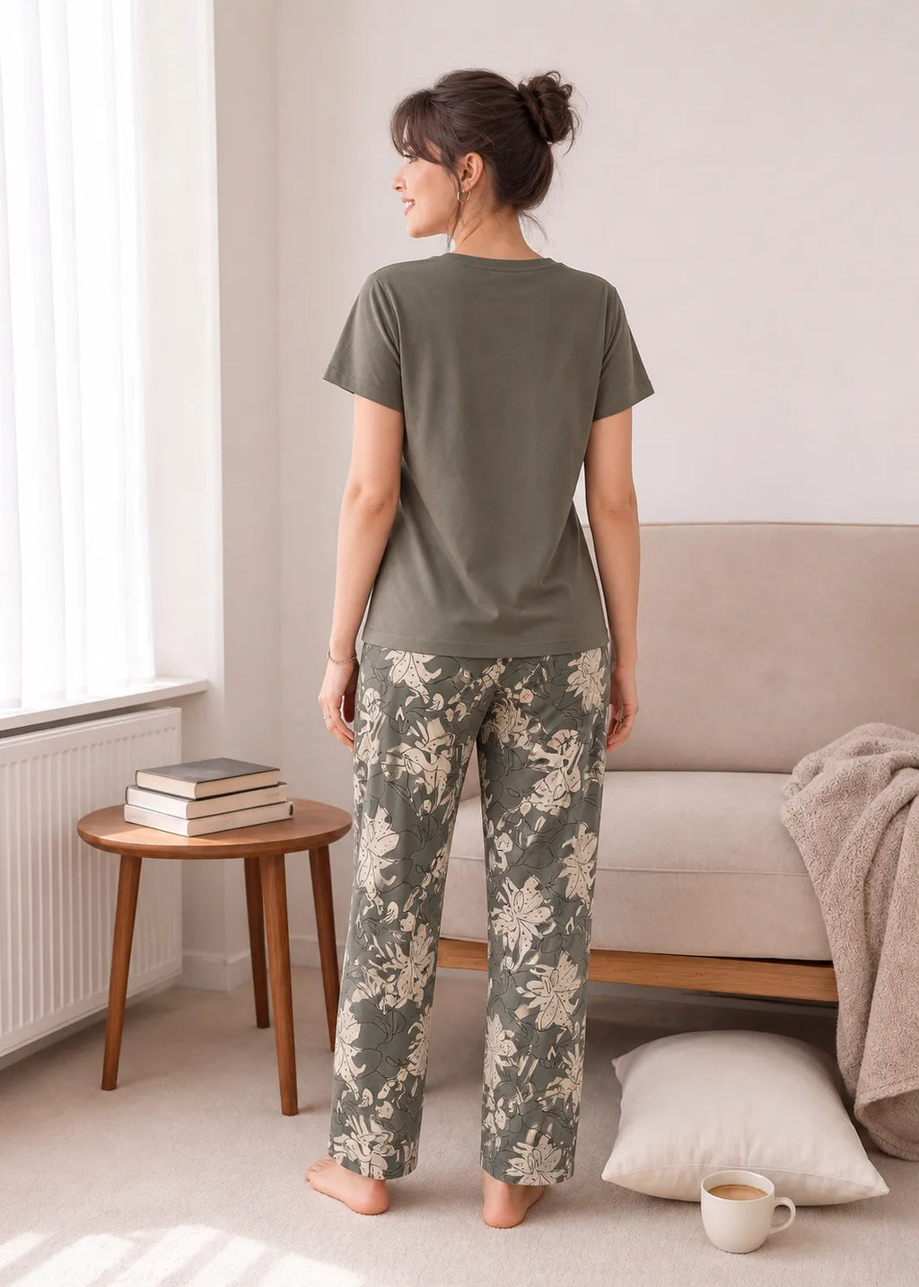 Olive Green Botanical Nightsuit Set