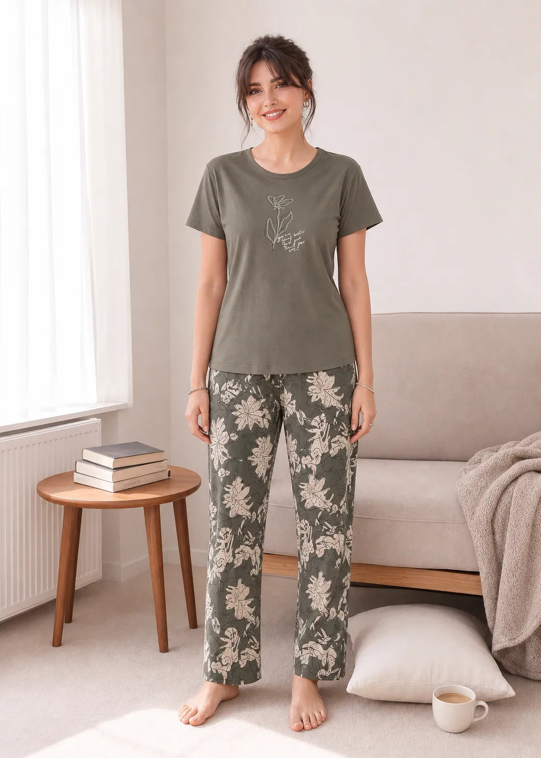 Olive Green Botanical Nightsuit Set