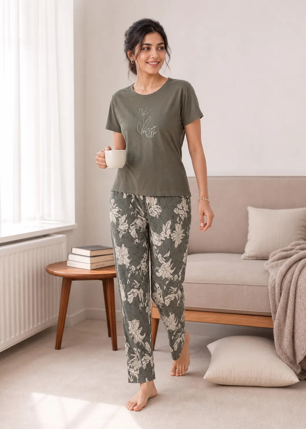 Olive Green Botanical Nightsuit Set