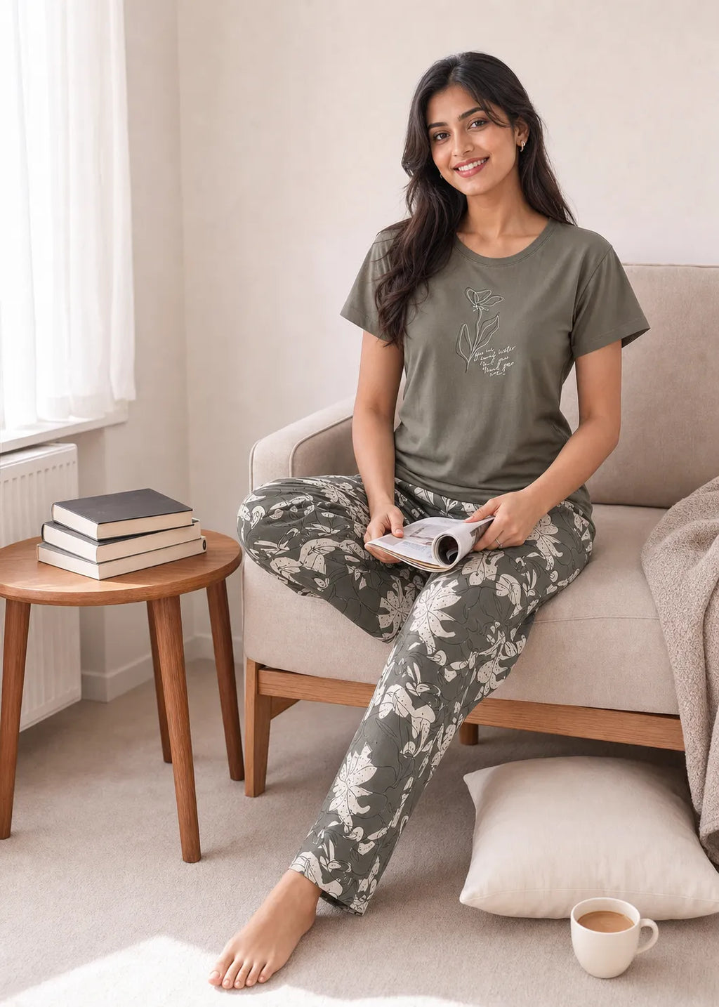 Olive Green Botanical Nightsuit Set