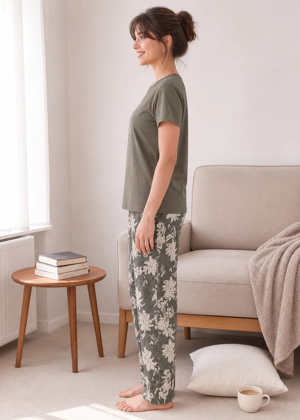 Olive Green Botanical Nightsuit Set