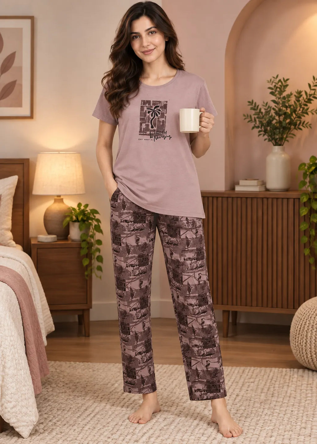 Mocha Brown Tropical Palm Nightsuit Set