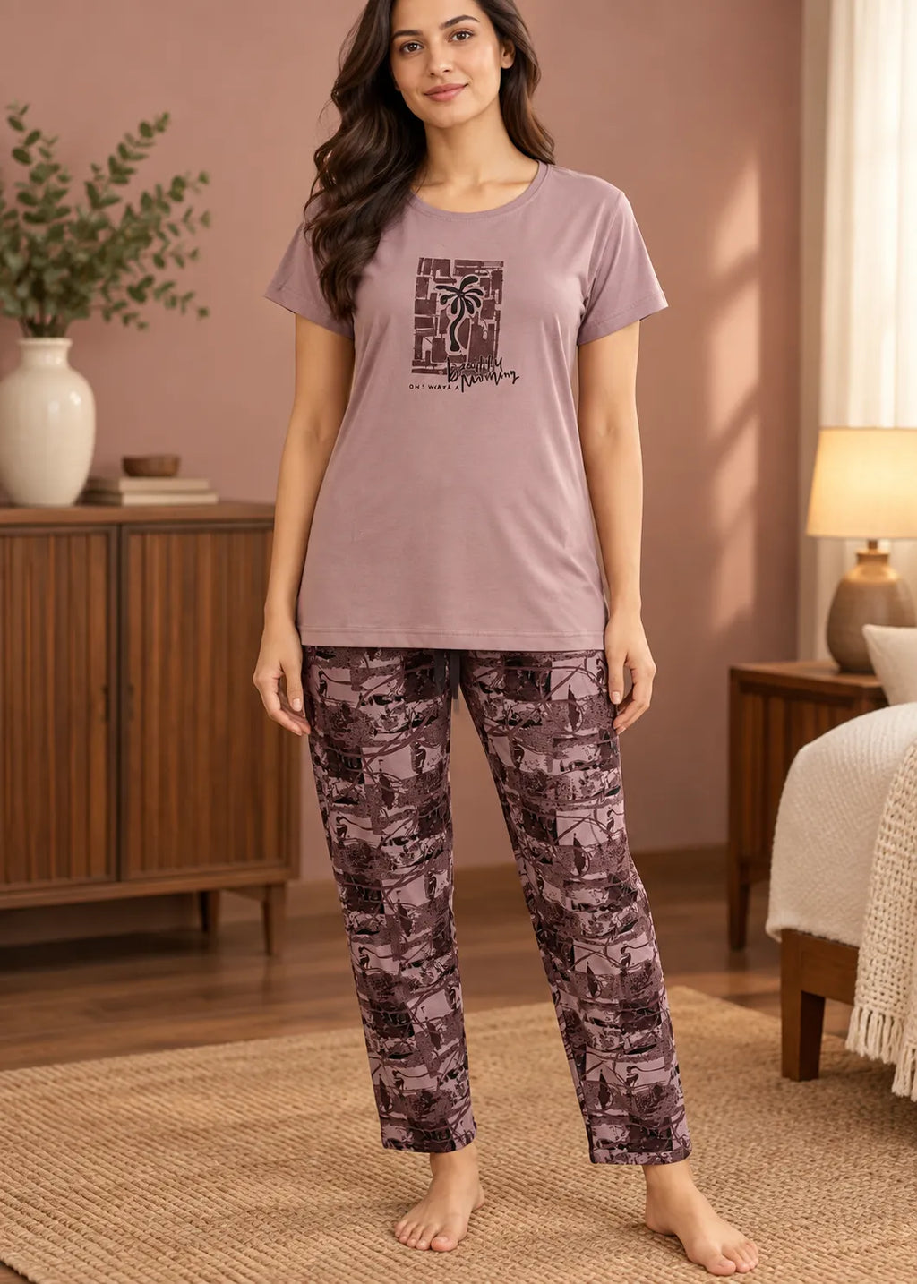 Mocha Brown Tropical Palm Nightsuit Set