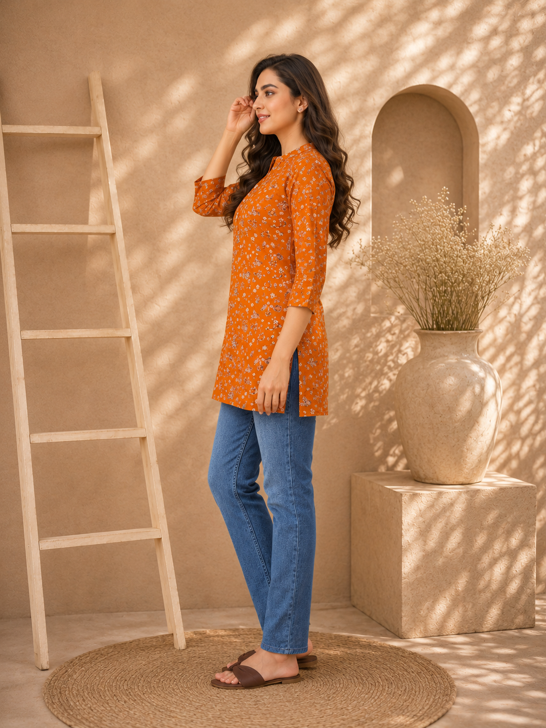 Woman in an orange floral top and blue jeans standing in a sunlit room with a ladder and vase in the background.