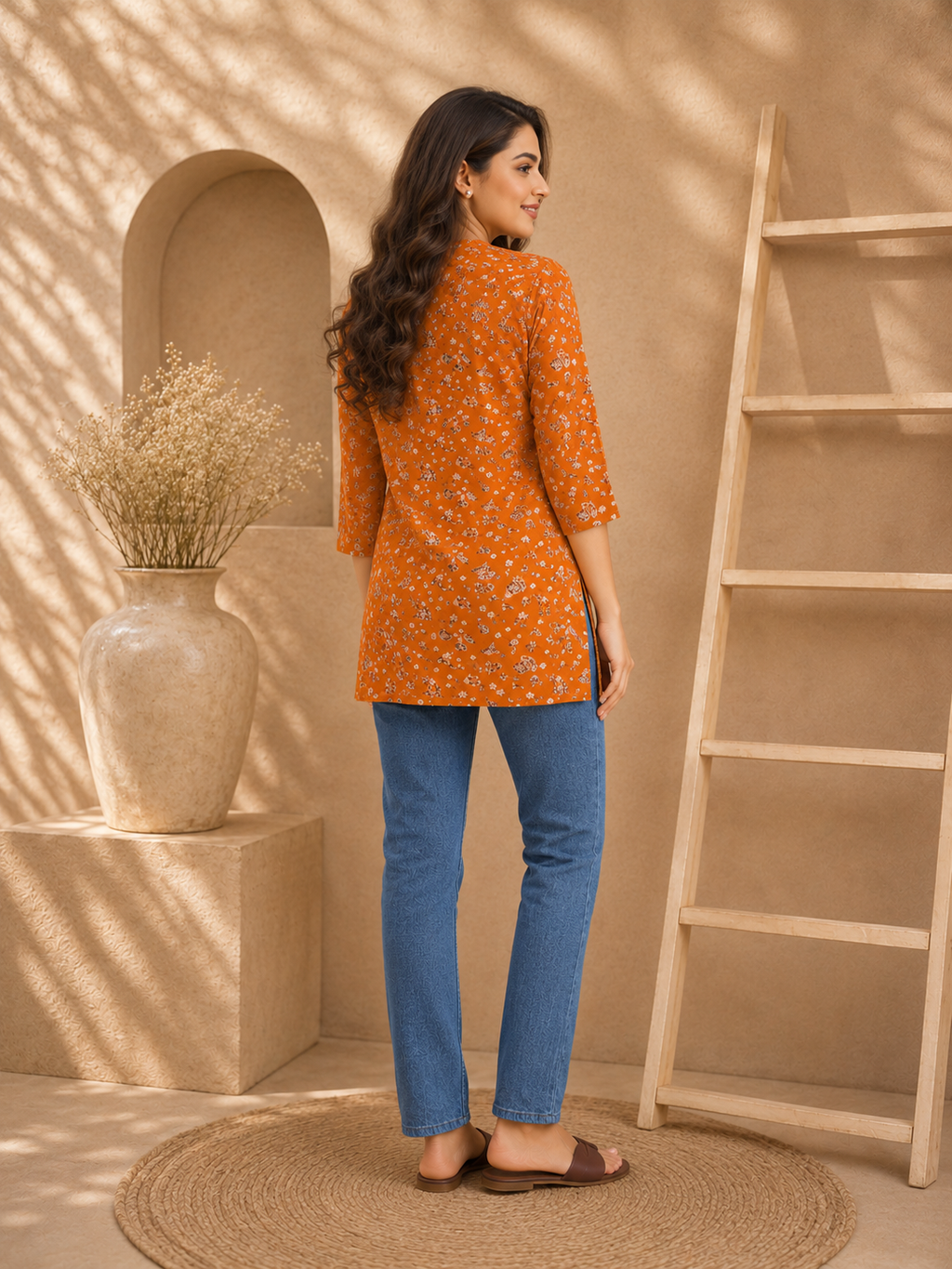 Woman in an orange patterned top and blue jeans standing in a room with a ladder and vase.