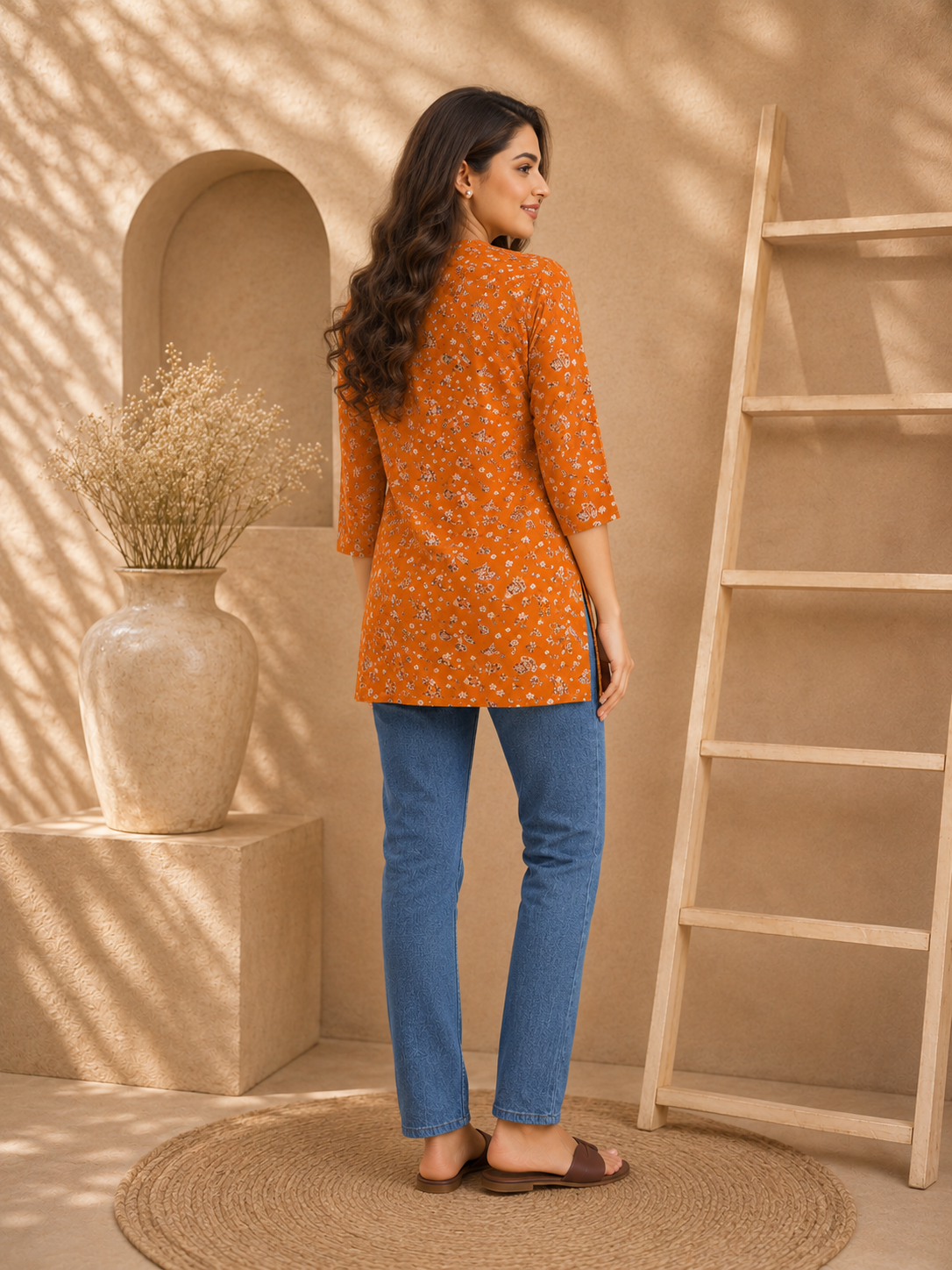 Woman in an orange patterned top and blue jeans standing in a room with a ladder and vase.