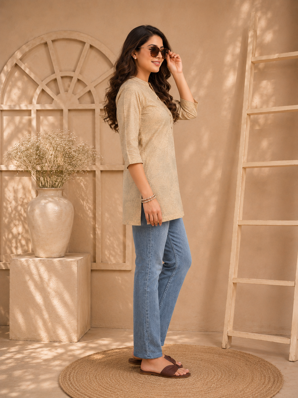 Woman in beige top and blue jeans standing in a sunlit room with a decorative wall and plant.