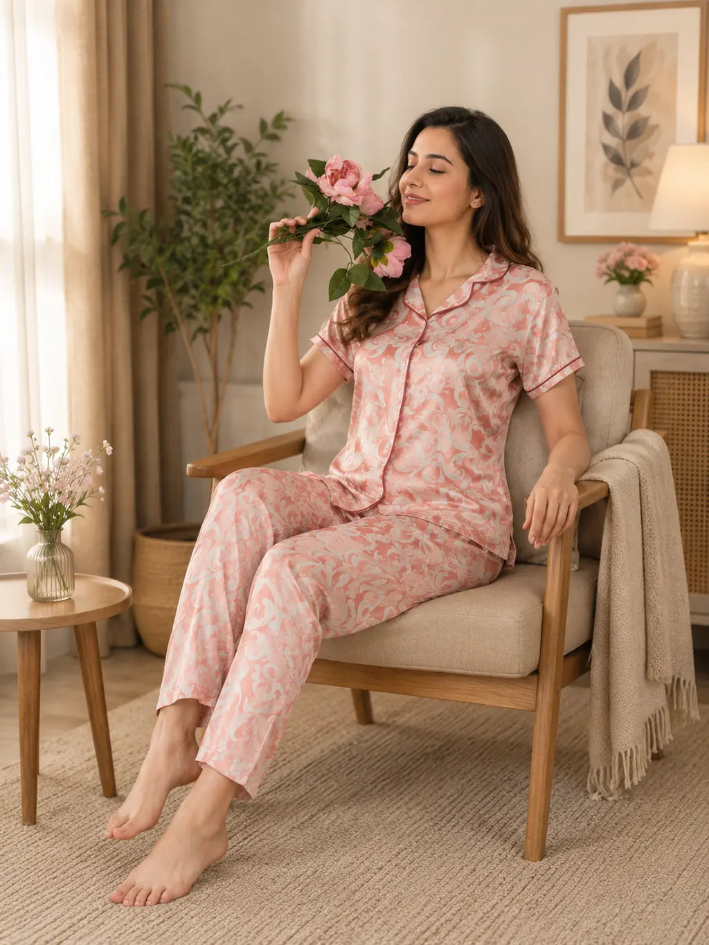 Abstract Satin Short Sleeve Pajama Set Pink
