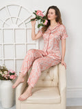 Abstract Satin Short Sleeve Pajama Set Pink