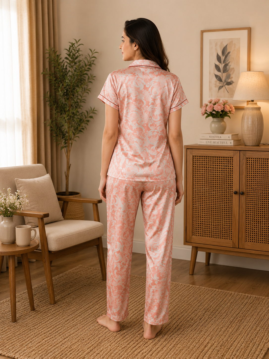 Abstract Satin Short Sleeve Pajama Set Pink