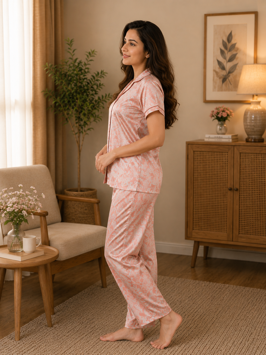 A woman stands barefoot in a warmly lit bedroom wearing a light pink pajama set with a subtle floral print. The set includes a short-sleeve button-front top and matching loose pants.
