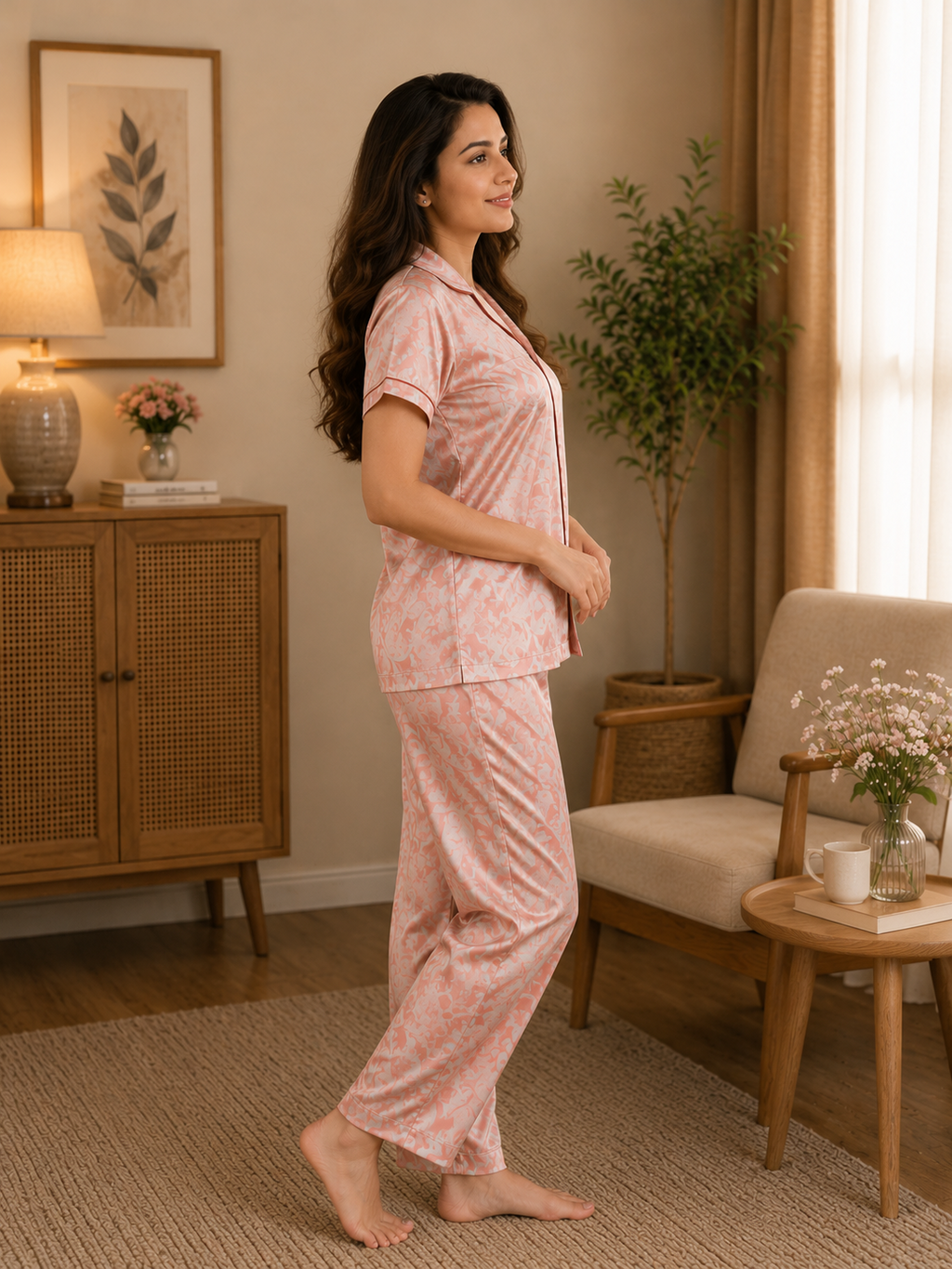 Abstract Satin Short Sleeve Pajama Set Pink