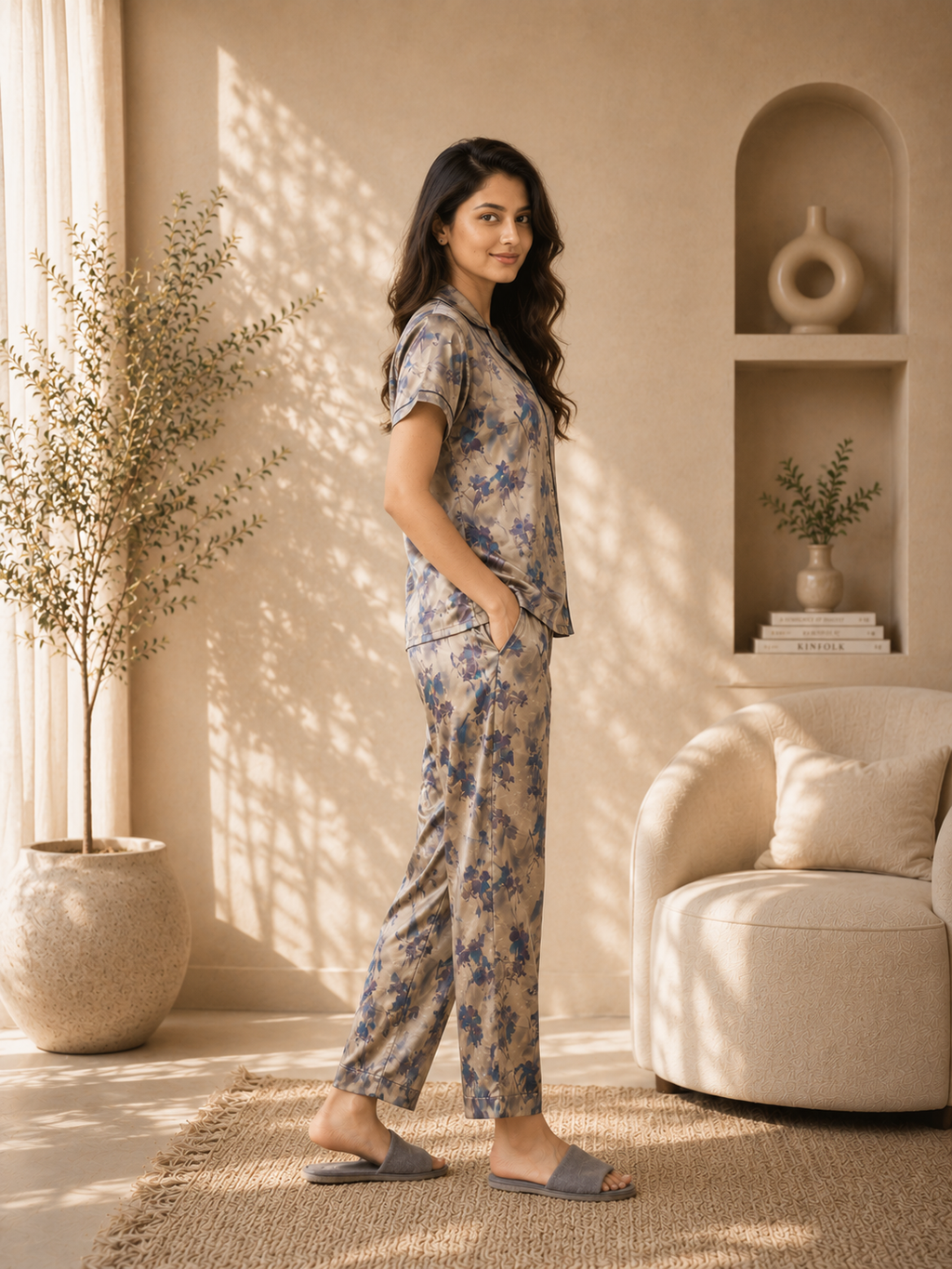 Woman in a floral pajama set standing in a cozy room with a plant and chair.