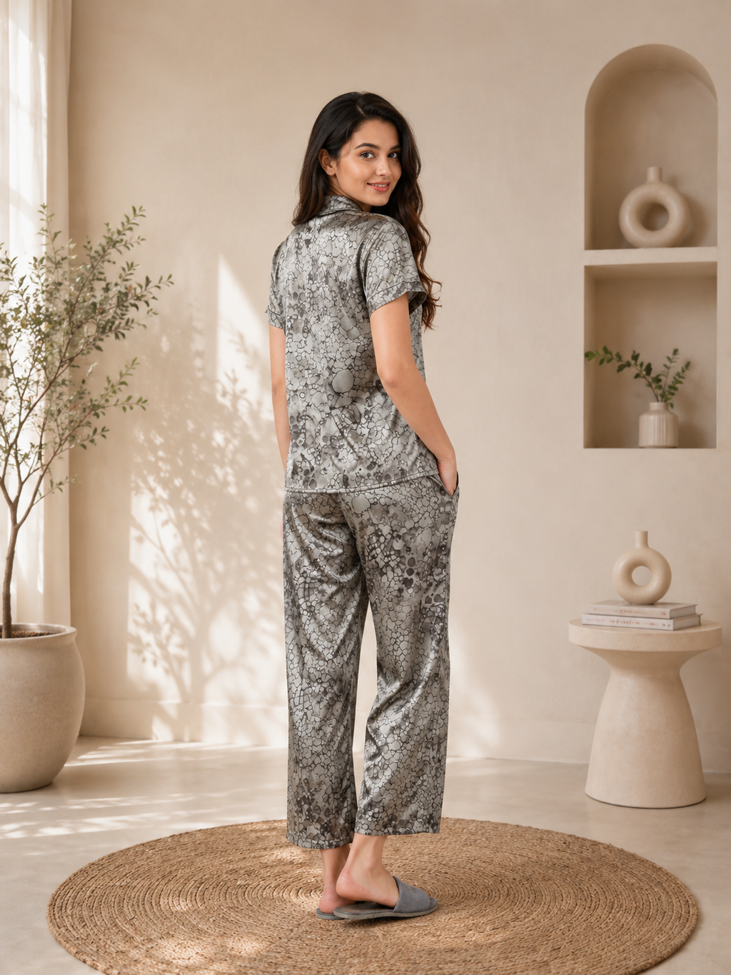Metallic Silver Satin Night Suit