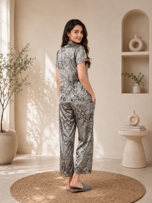 Metallic Silver Satin Night Suit