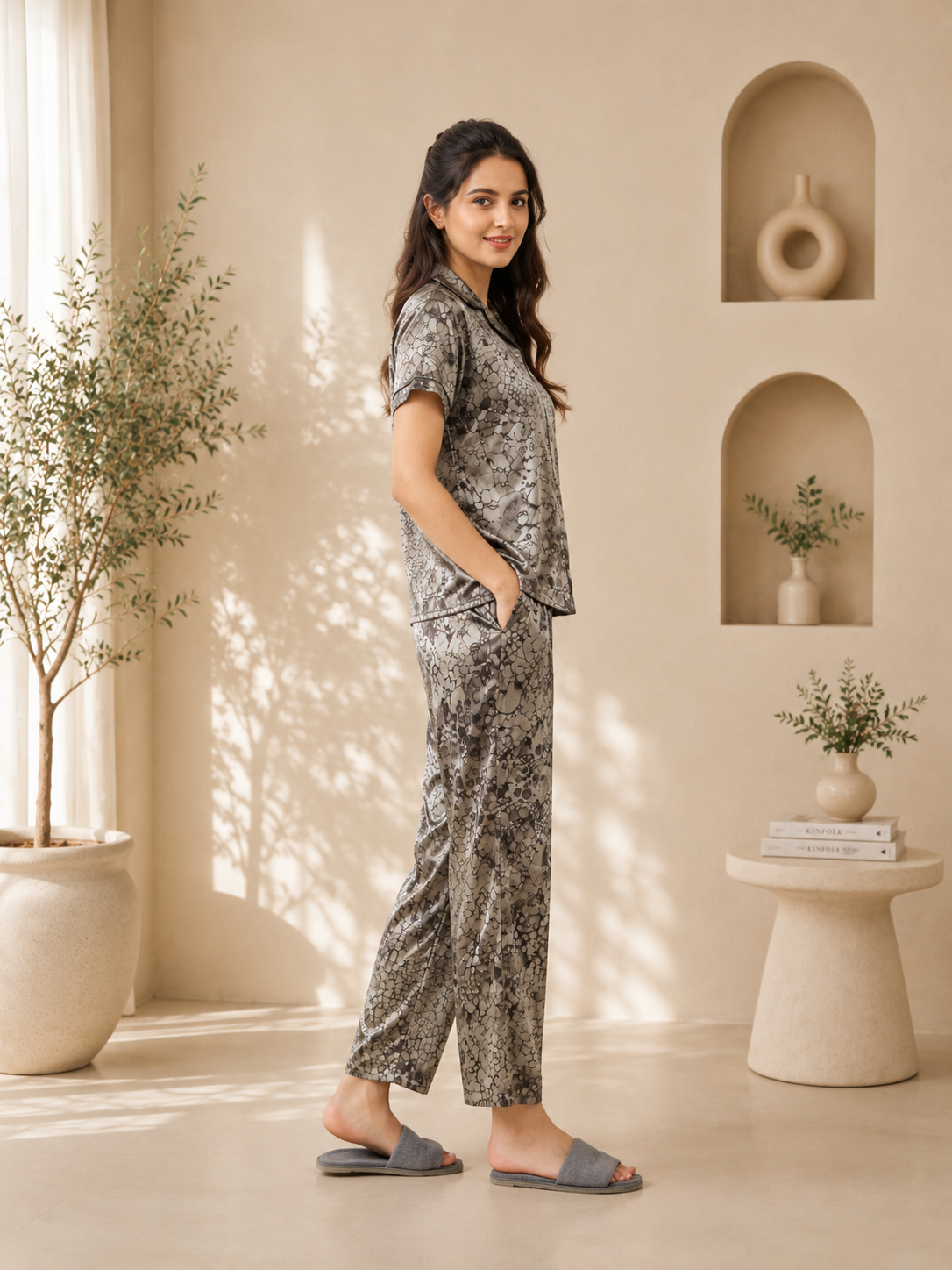 Metallic Silver Satin Night Suit