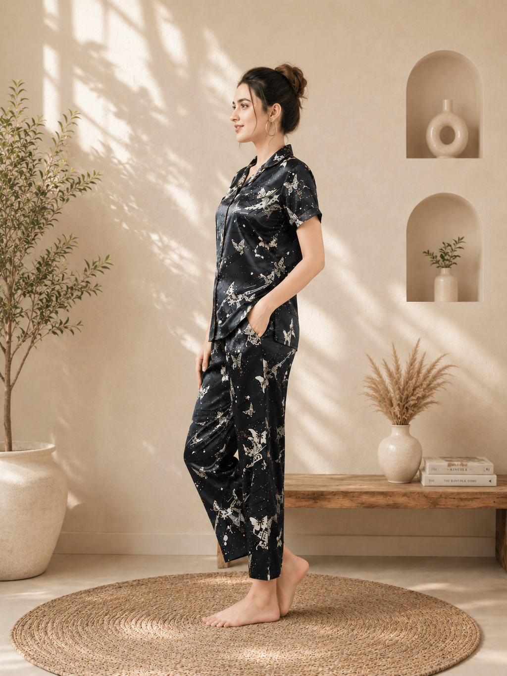 Woman wearing a black floral pajama set in a sunlit room with plants and shelves.