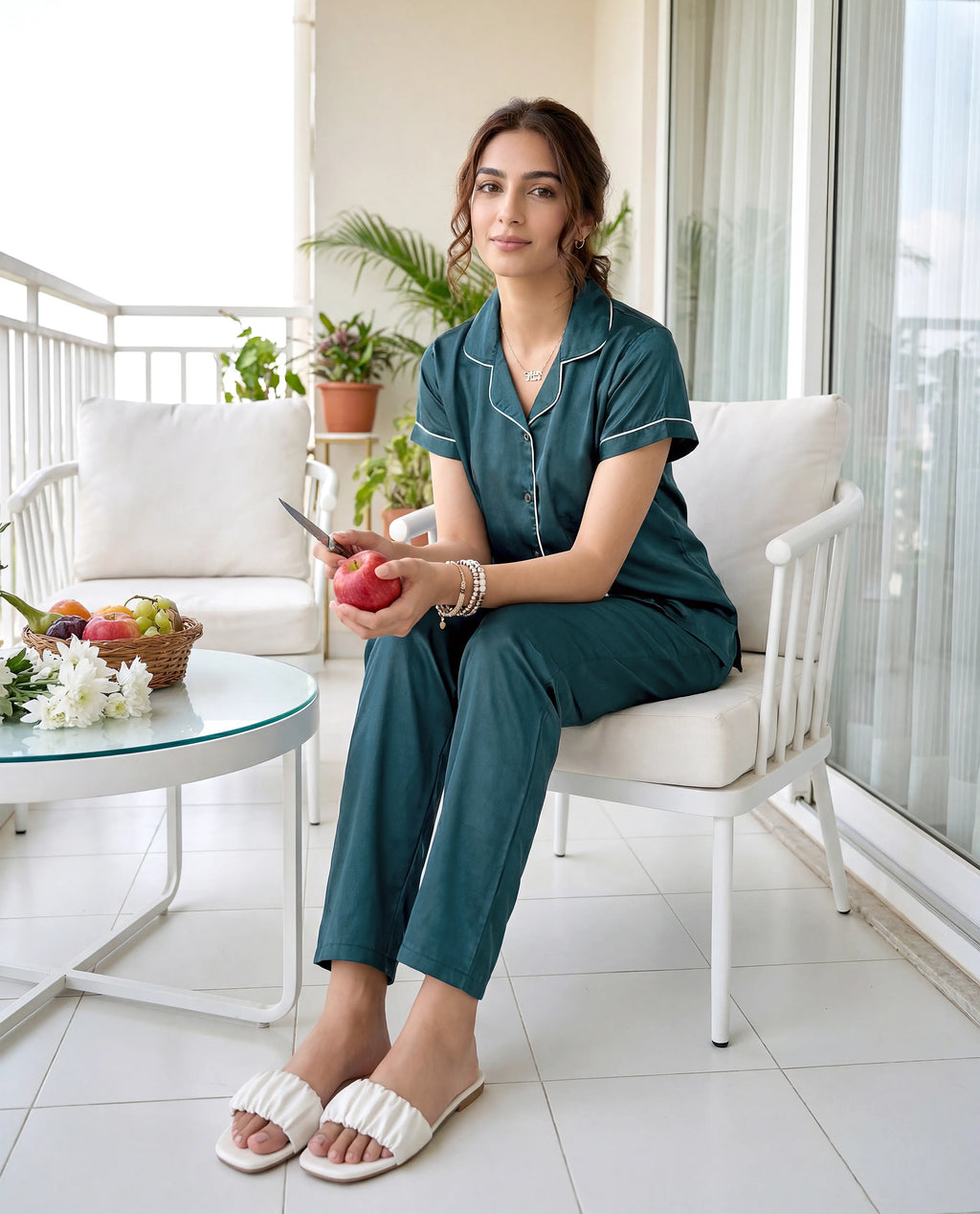 Woman in teal pajamas sitting on a chair holding an apple on a balcony.