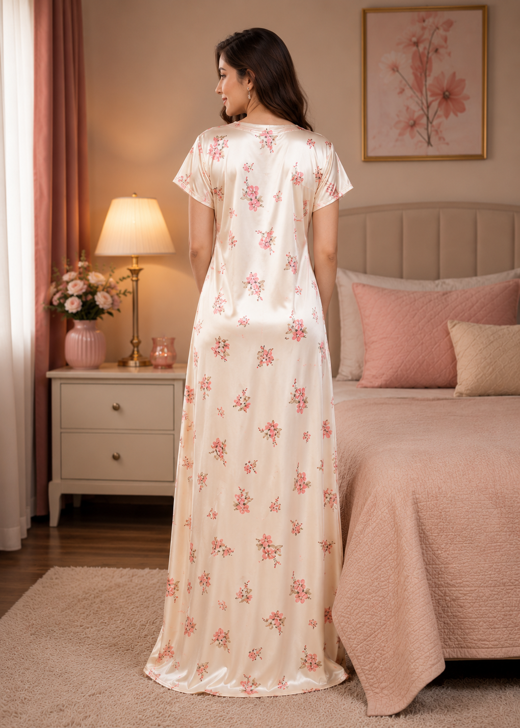 Cream Floral Satin Nightgown
