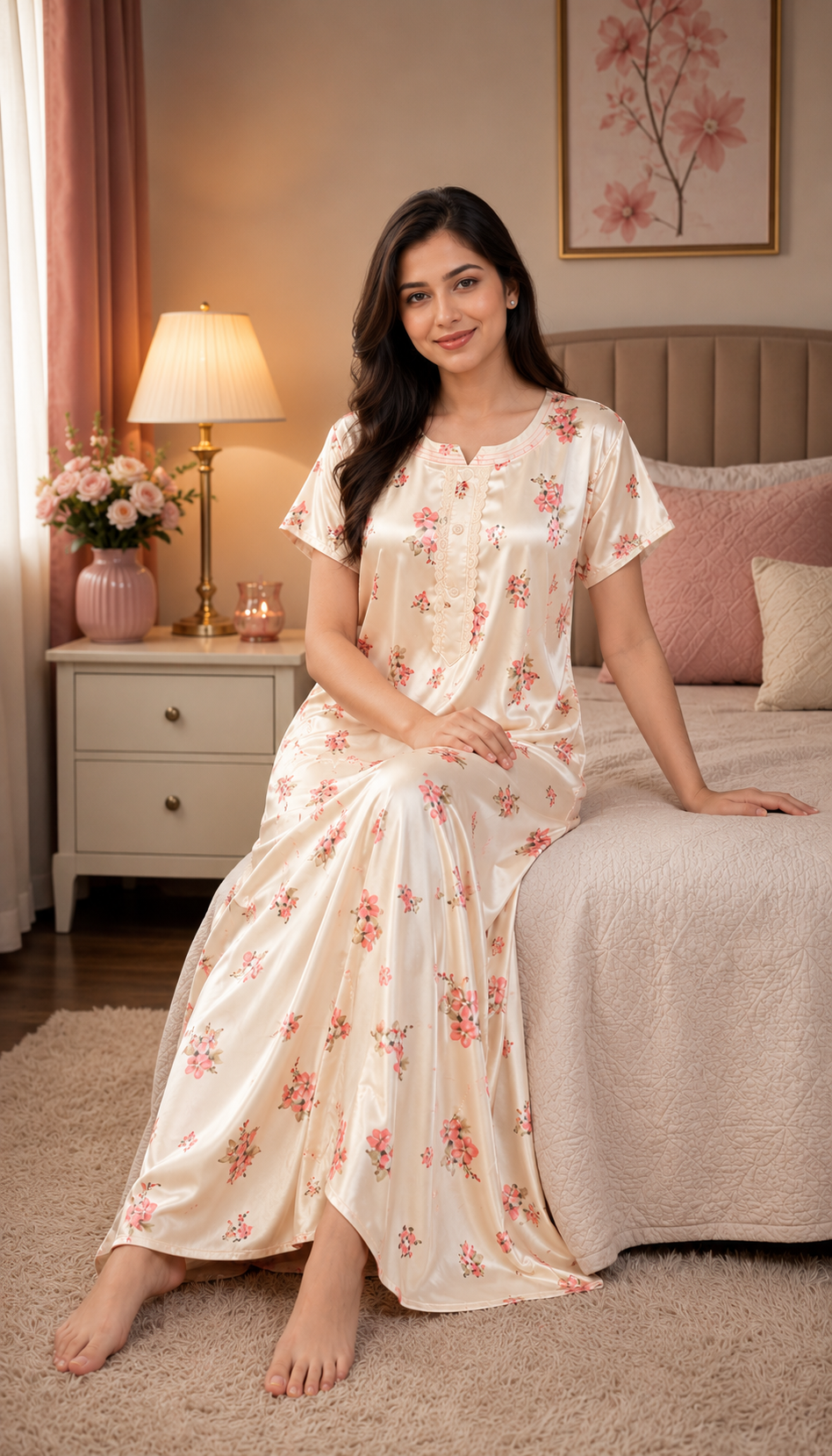 Cream Floral Satin Nightgown