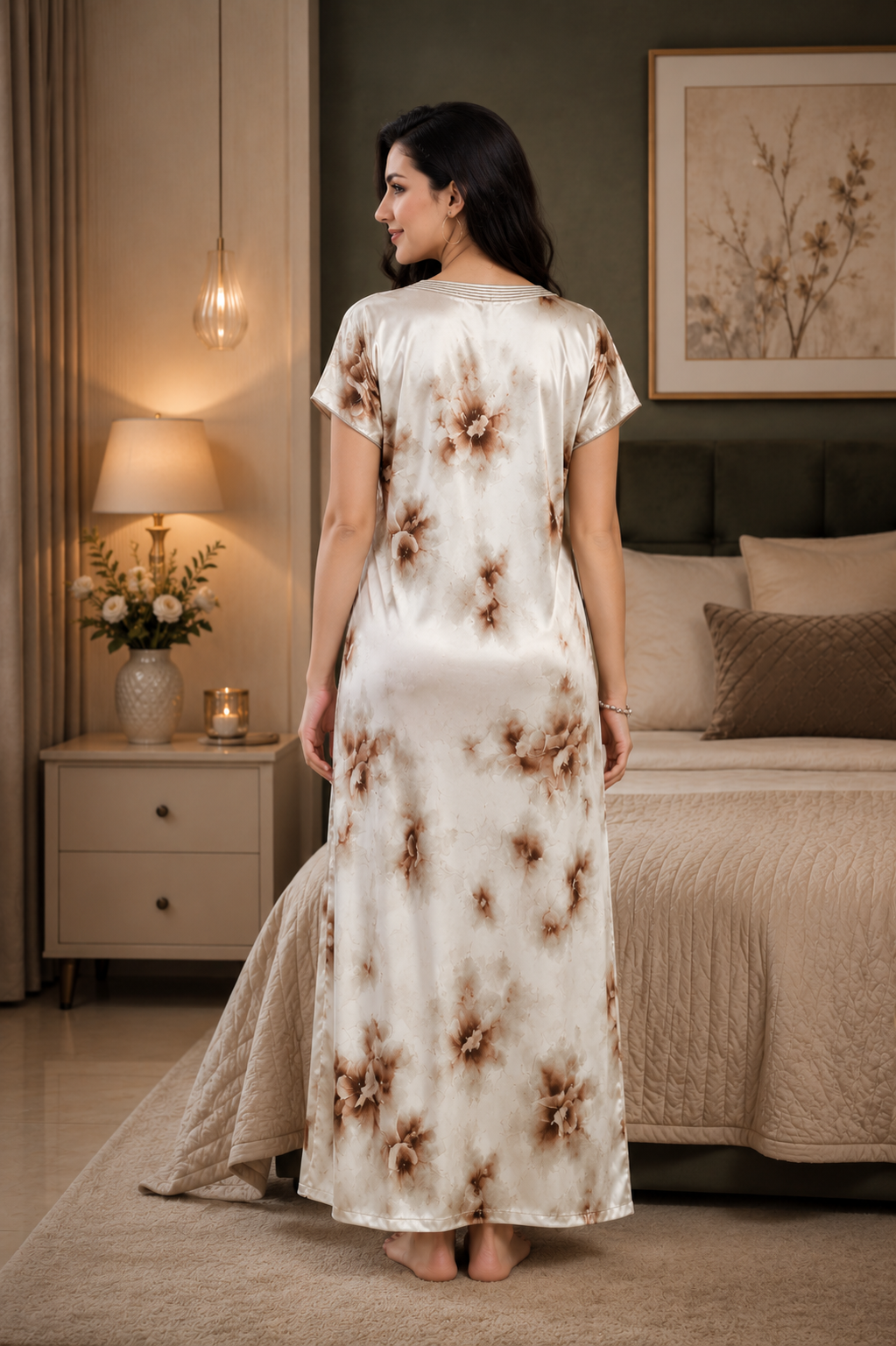 Beige Floral Satin Nightgown