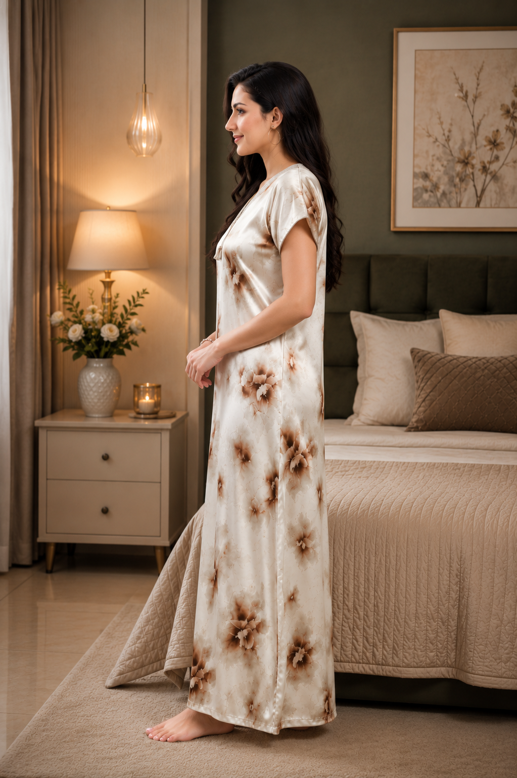 Beige Floral Satin Nightgown