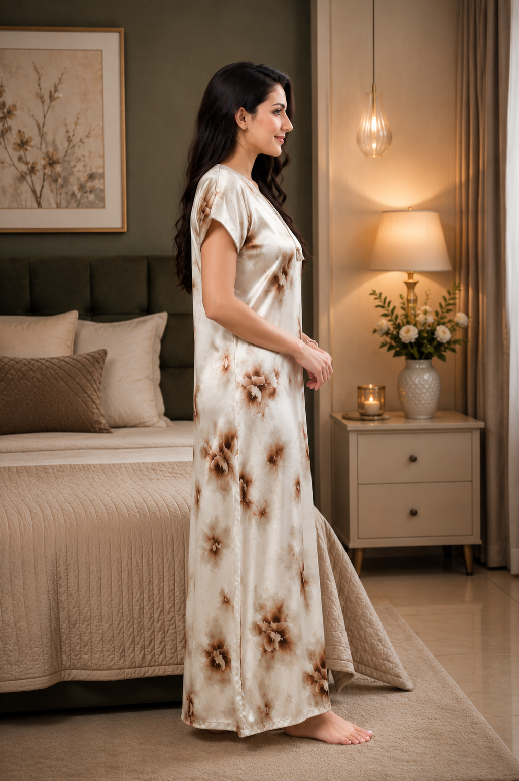 Beige Floral Satin Nightgown
